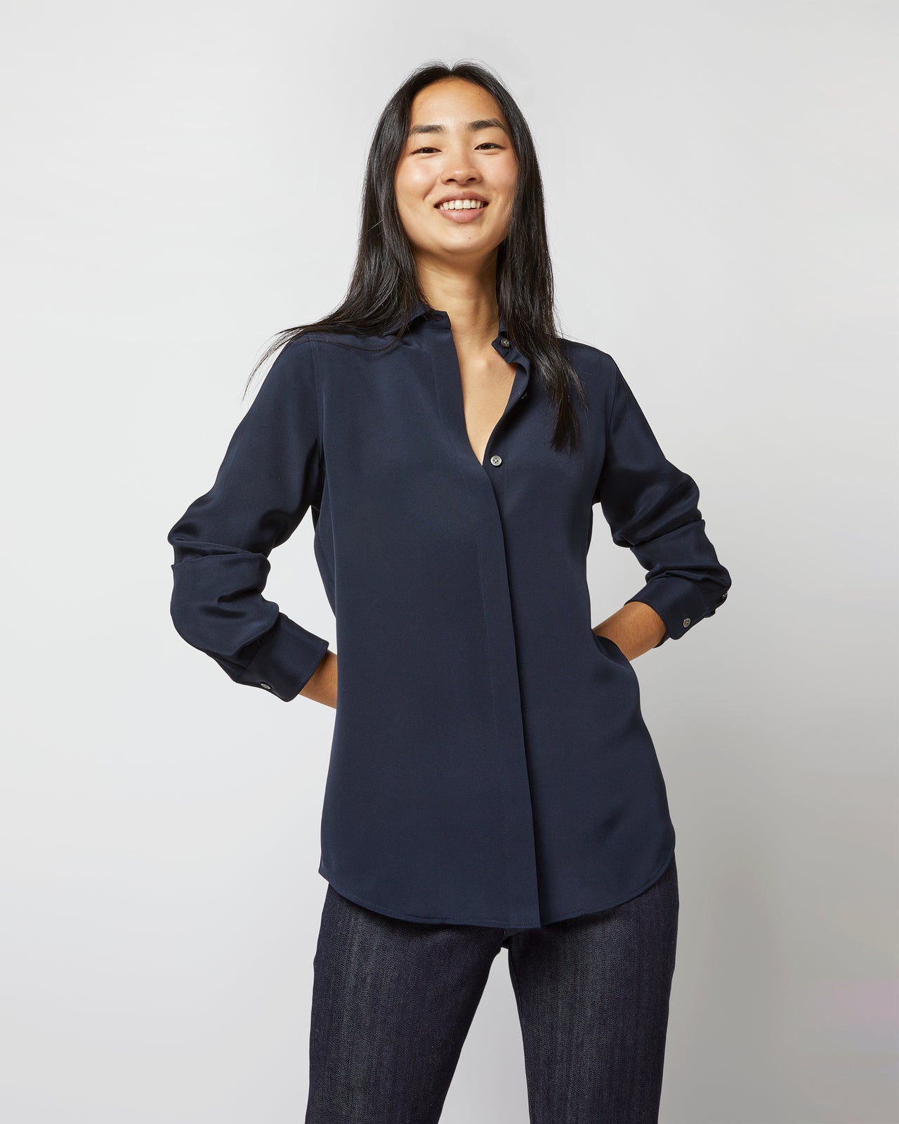 Classic Blouse in Navy Silk Crepe de Chine