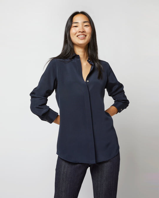 Classic Blouse in Navy Silk Crepe de Chine