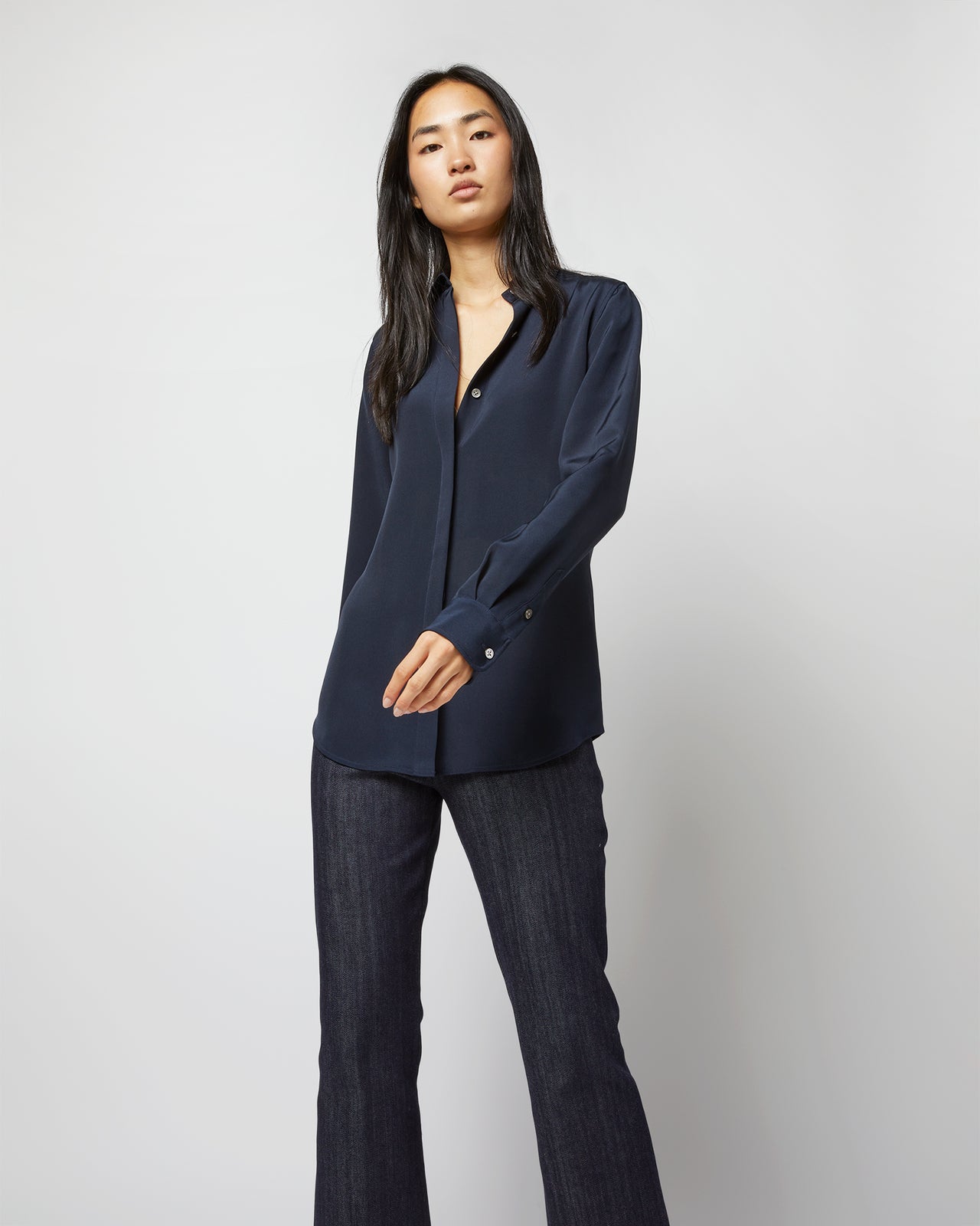 Classic Blouse in Navy Silk Crepe de Chine