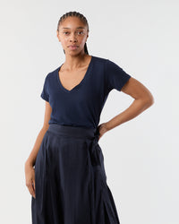 Short-Sleeved Deep-V Tee in Navy Pima Cotton