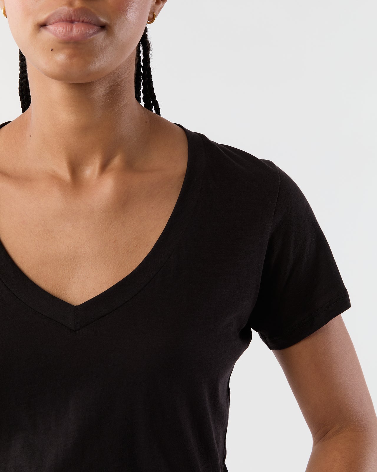 Short-Sleeved Deep-V Tee in Black Pima Cotton