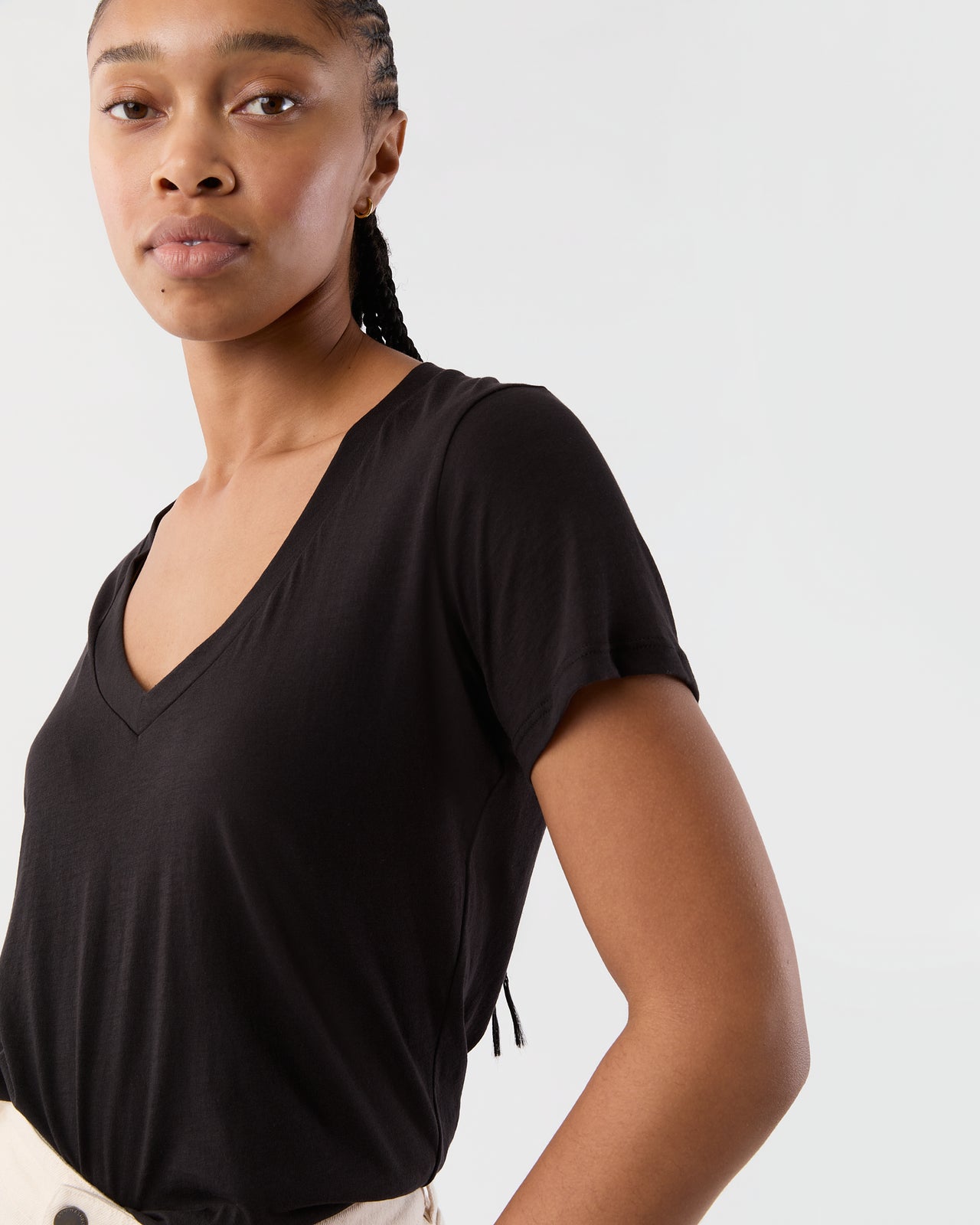 Short-Sleeved Deep-V Tee in Black Pima Cotton