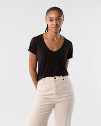 Short-Sleeved Deep-V Tee in Black Pima Cotton