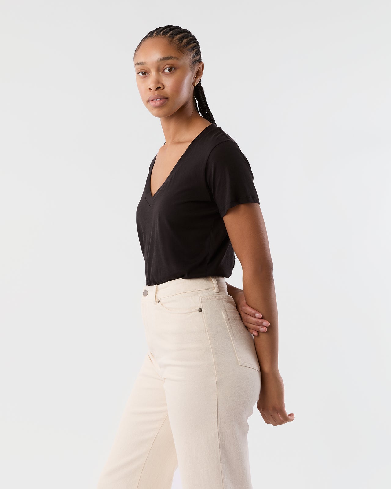 Short-Sleeved Deep-V Tee in Black Pima Cotton