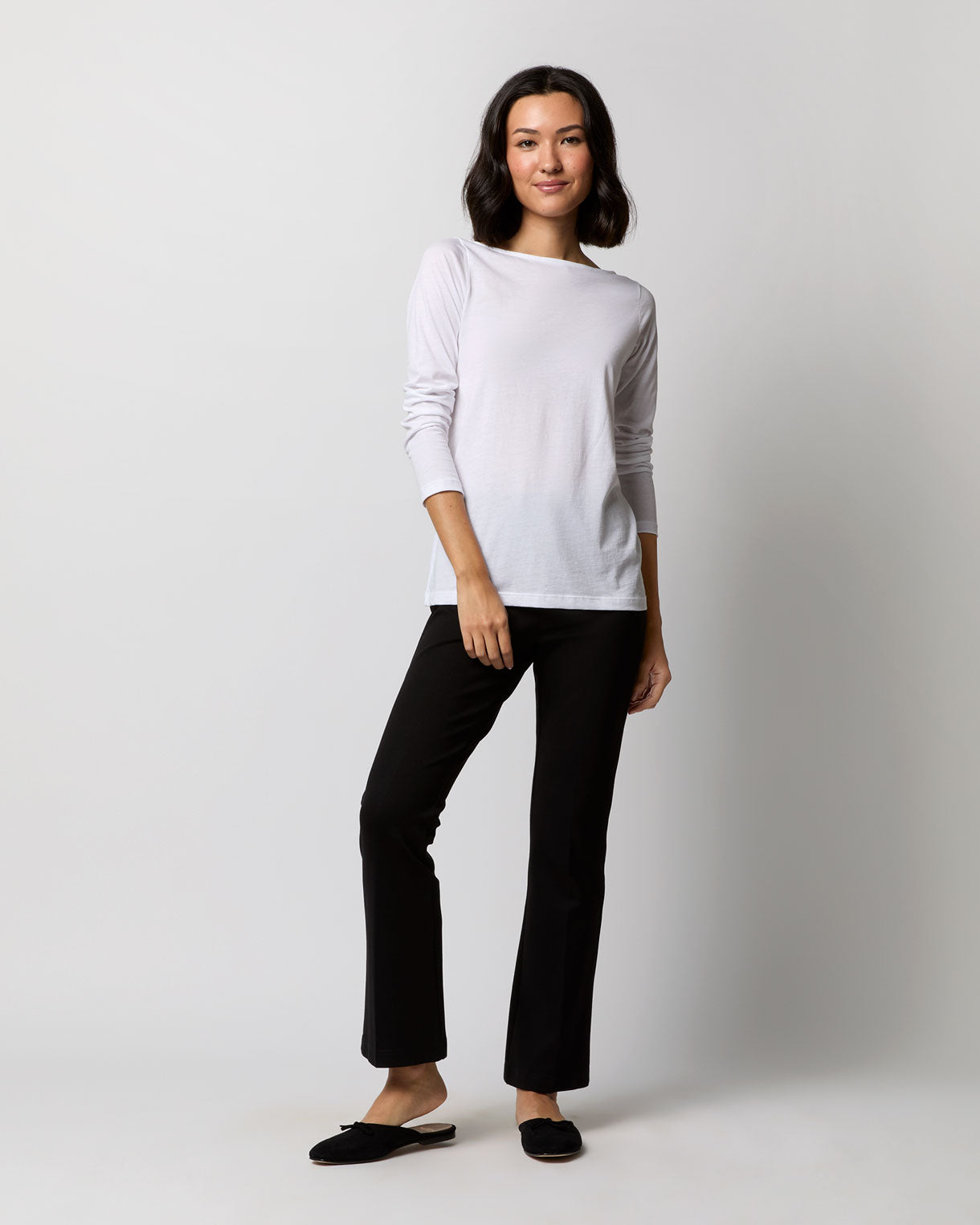 Long-Sleeved Boatneck Tee in White Pima Cotton