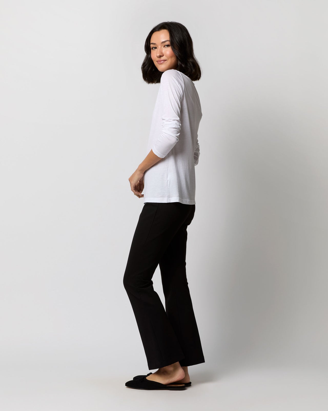 Long-Sleeved Boatneck Tee in White Pima Cotton