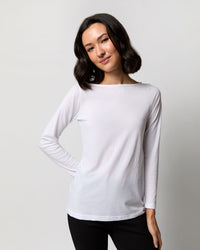 Long-Sleeved Boatneck Tee in White Pima Cotton