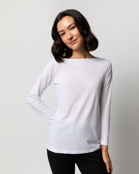 Long-Sleeved Boatneck Tee in White Pima Cotton