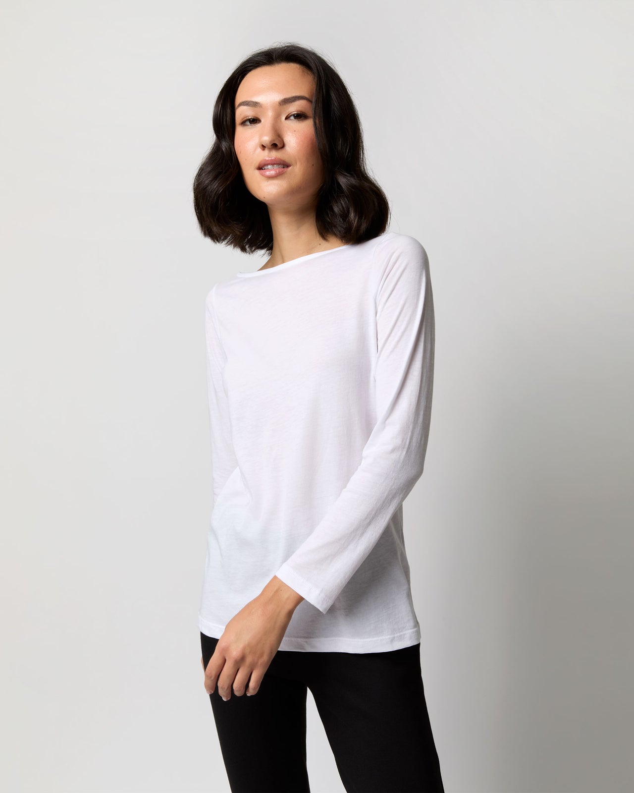 Long-Sleeved Boatneck Tee in White Pima Cotton