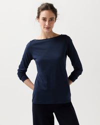 Long-Sleeved Boatneck Tee in Navy Pima Cotton
