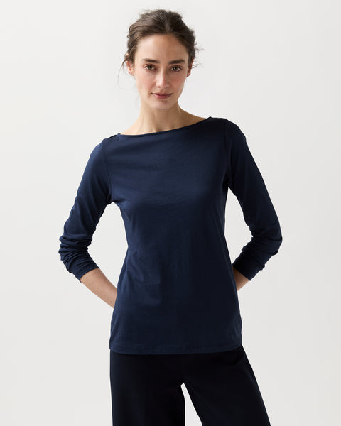 Long-Sleeved Boatneck Tee in Navy Pima Cotton | Ann Mashburn