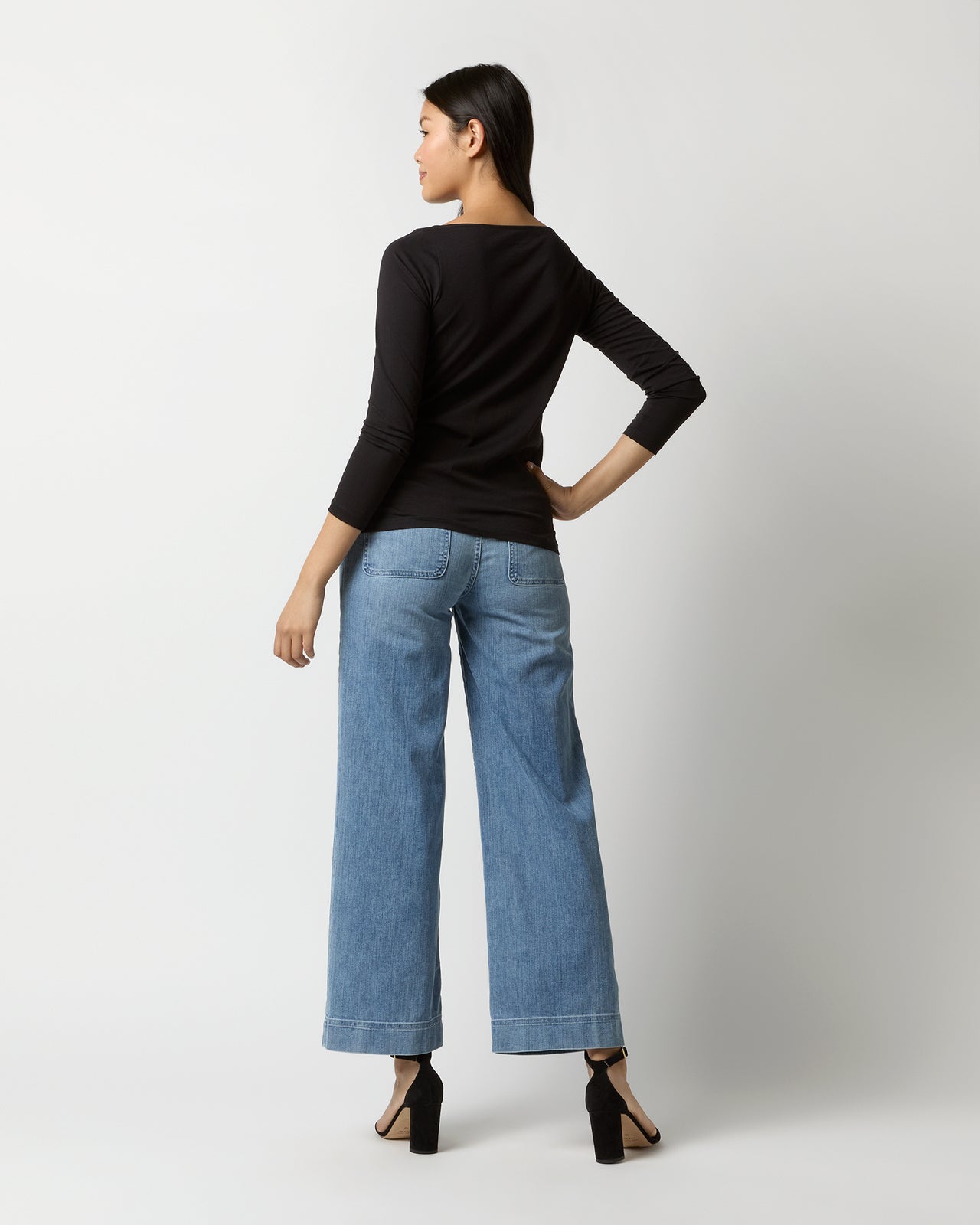 Long-Sleeved Boatneck Tee in Black Pima Cotton