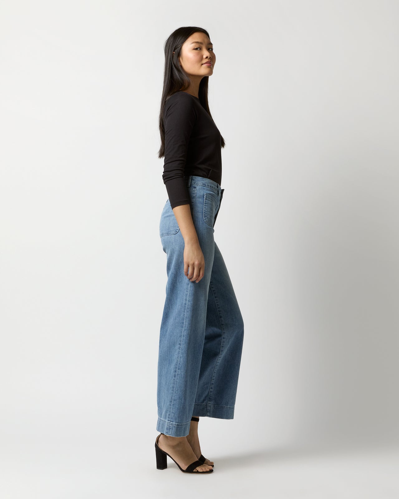 Long-Sleeved Boatneck Tee in Black Pima Cotton