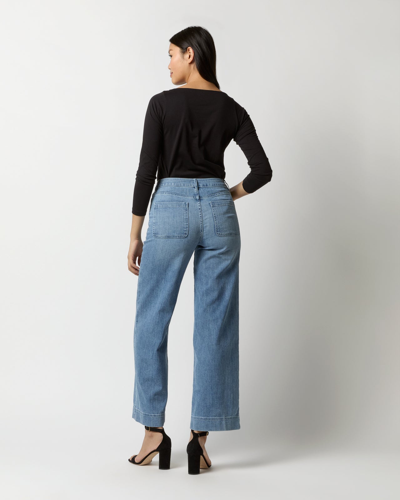 Long-Sleeved Boatneck Tee in Black Pima Cotton