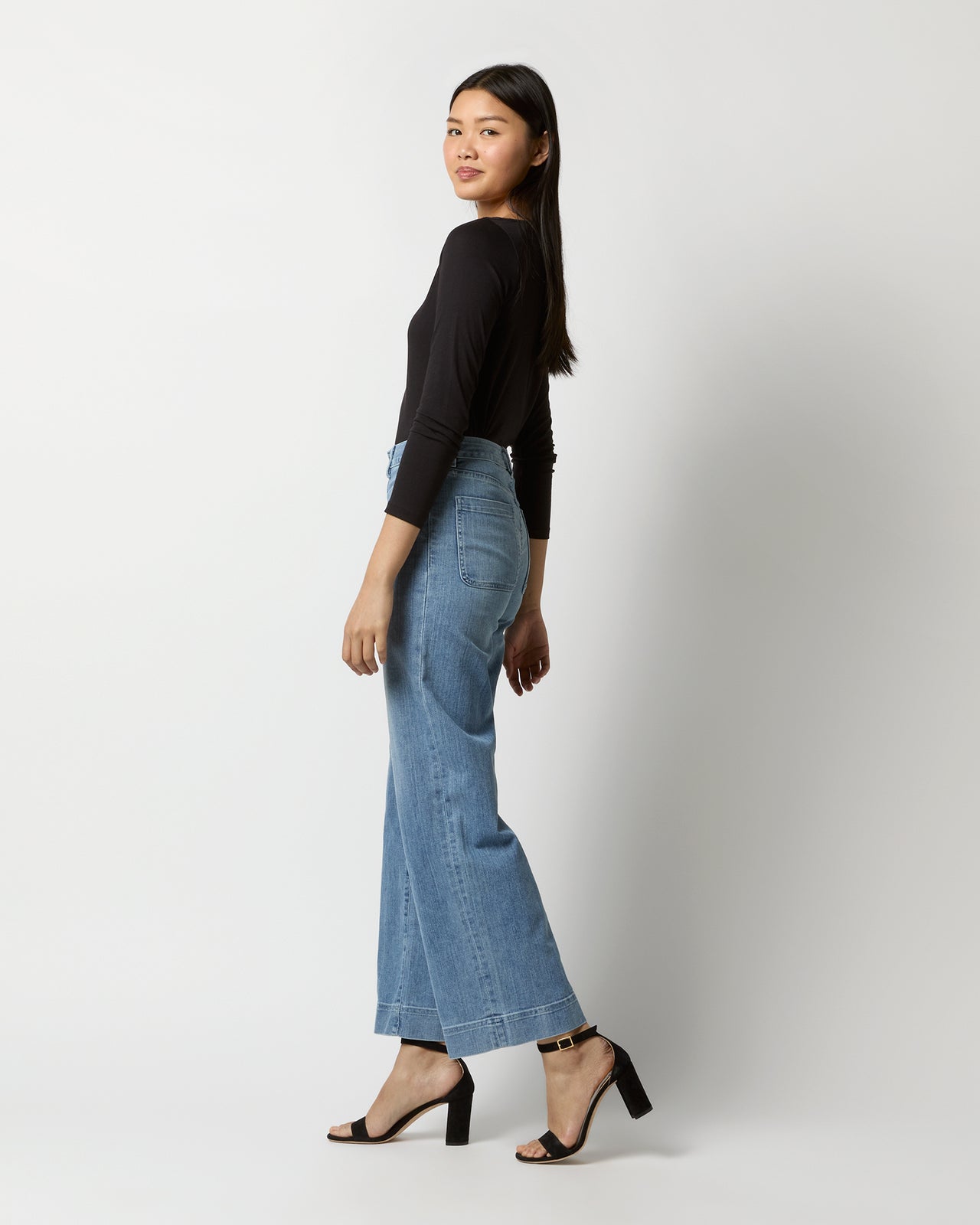 Long-Sleeved Boatneck Tee in Black Pima Cotton