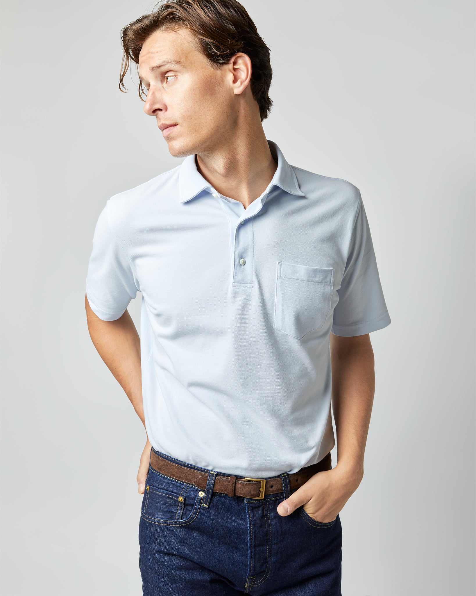 Short-Sleeved Polo in Pale Blue Pima Pique
