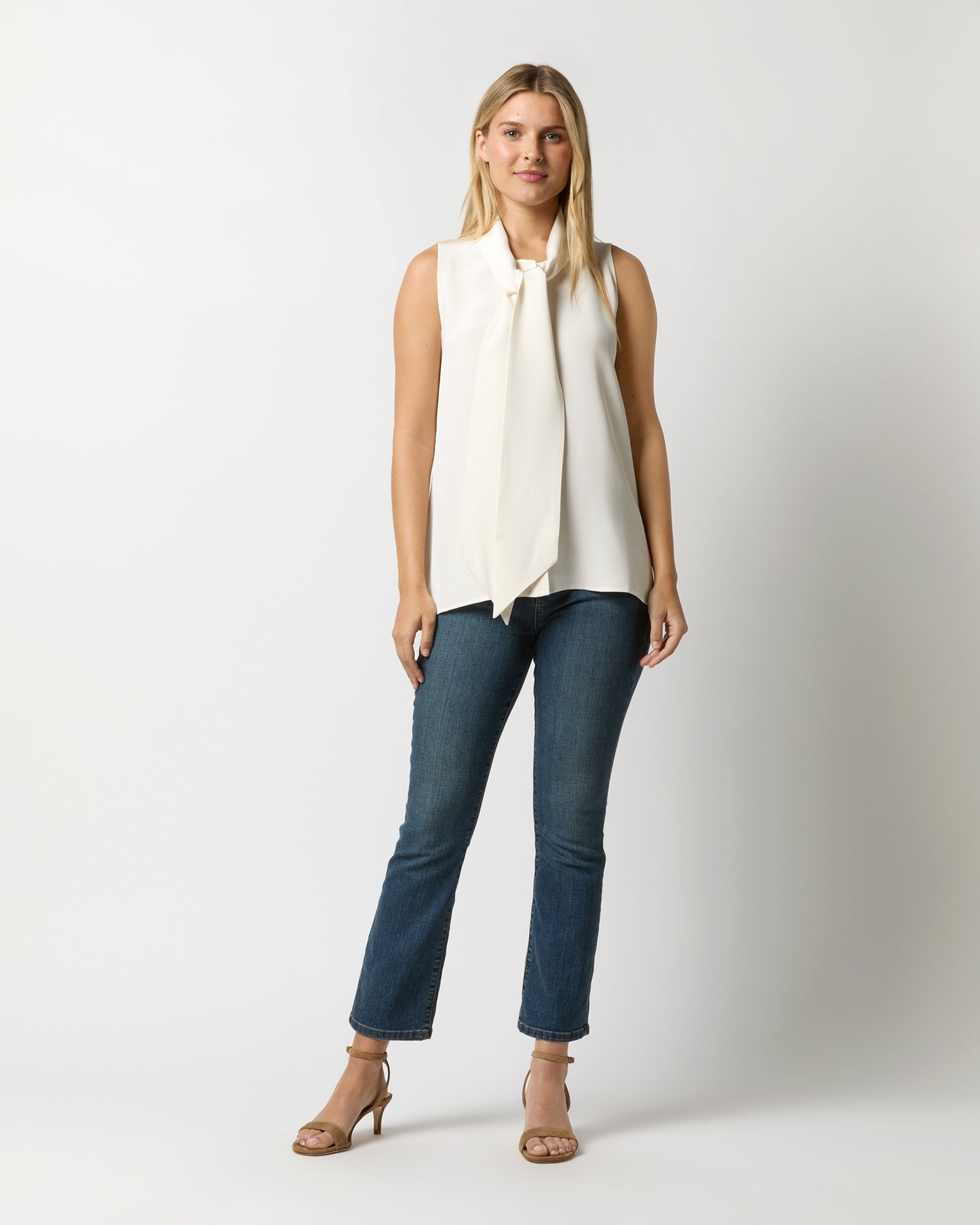 Sleeveless Tie-Neck Blouse in Ivory Silk Crepe de Chine