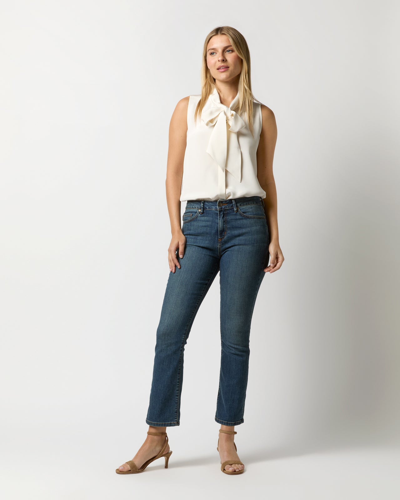 Sleeveless Tie-Neck Blouse in Ivory Silk Crepe de Chine