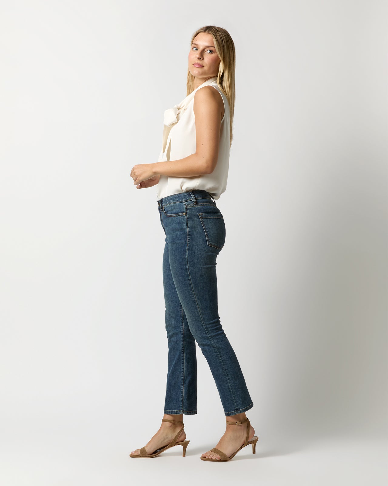 Sleeveless Tie-Neck Blouse in Ivory Silk Crepe de Chine