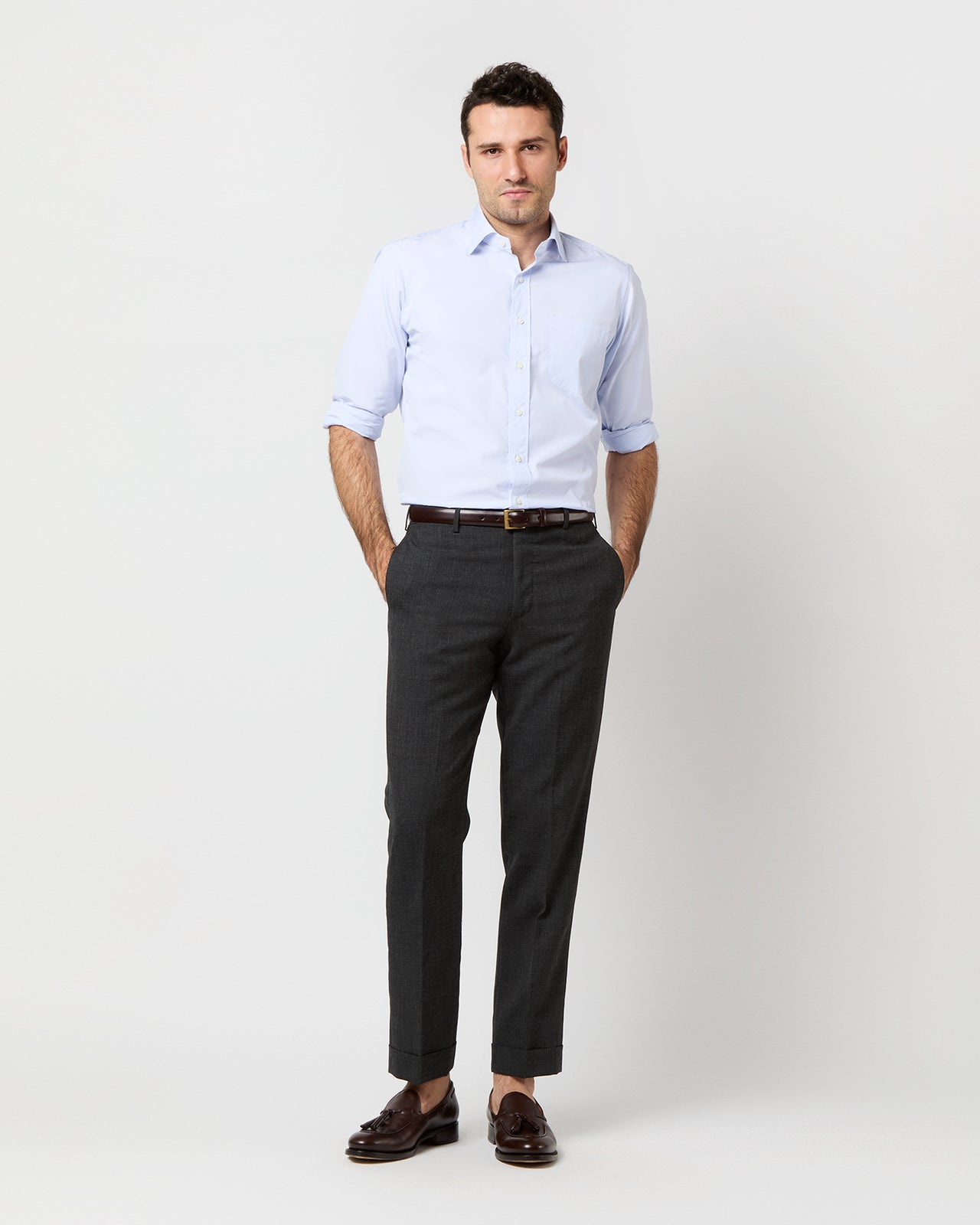 Spread Collar Dress Shirt in Sky Small Bengal Stripe Poplin