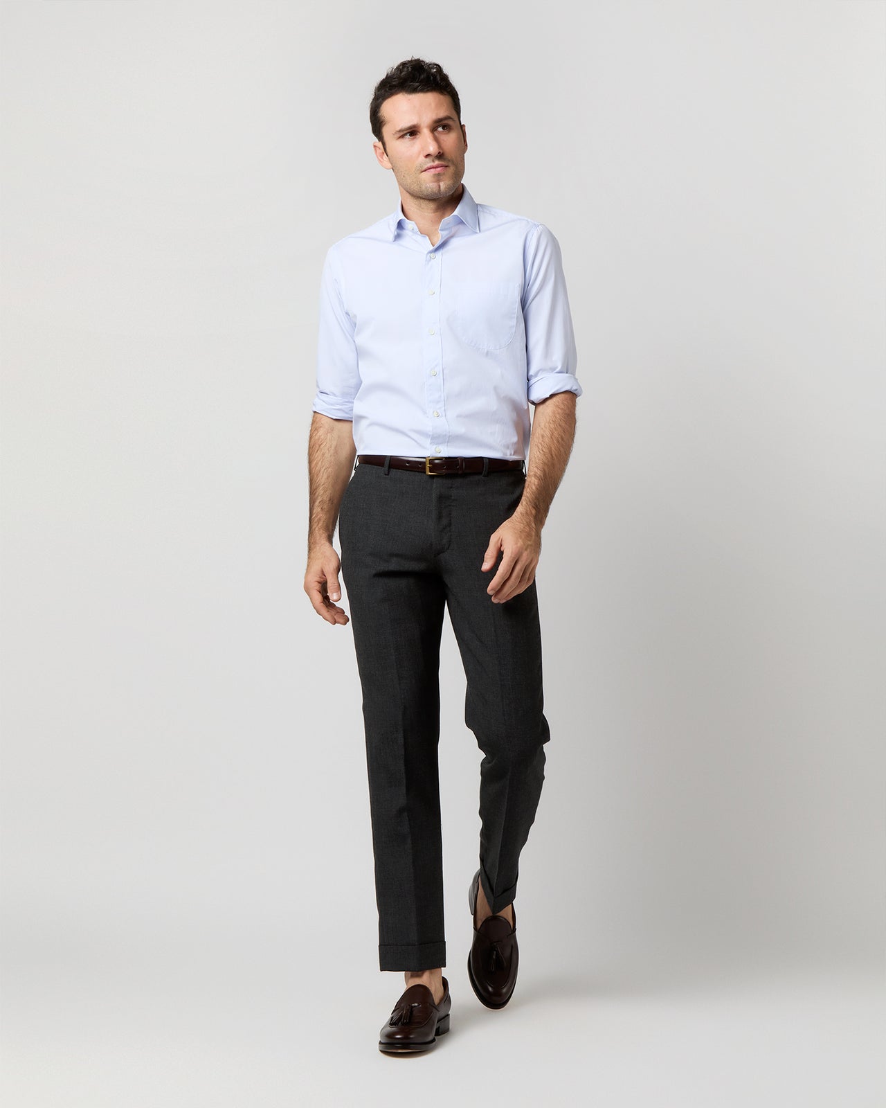 Spread Collar Dress Shirt in Sky Small Bengal Stripe Poplin