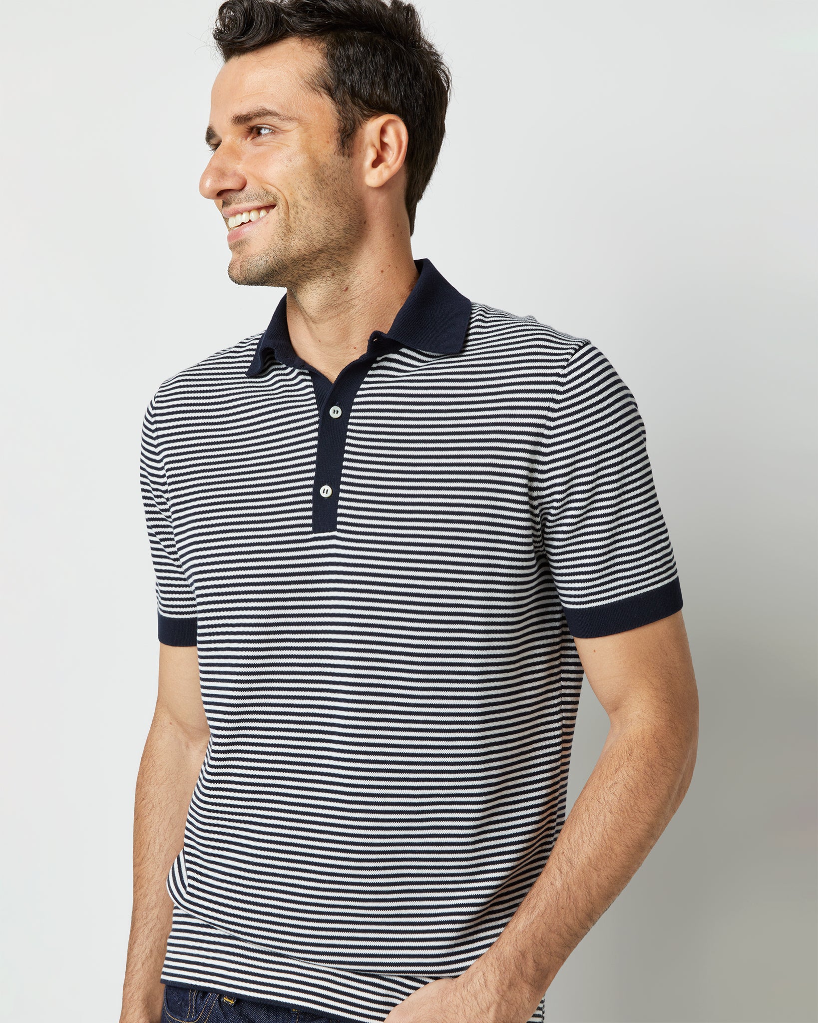 Rally Polo Sweater in Navy/Chalk Stripe Cotton