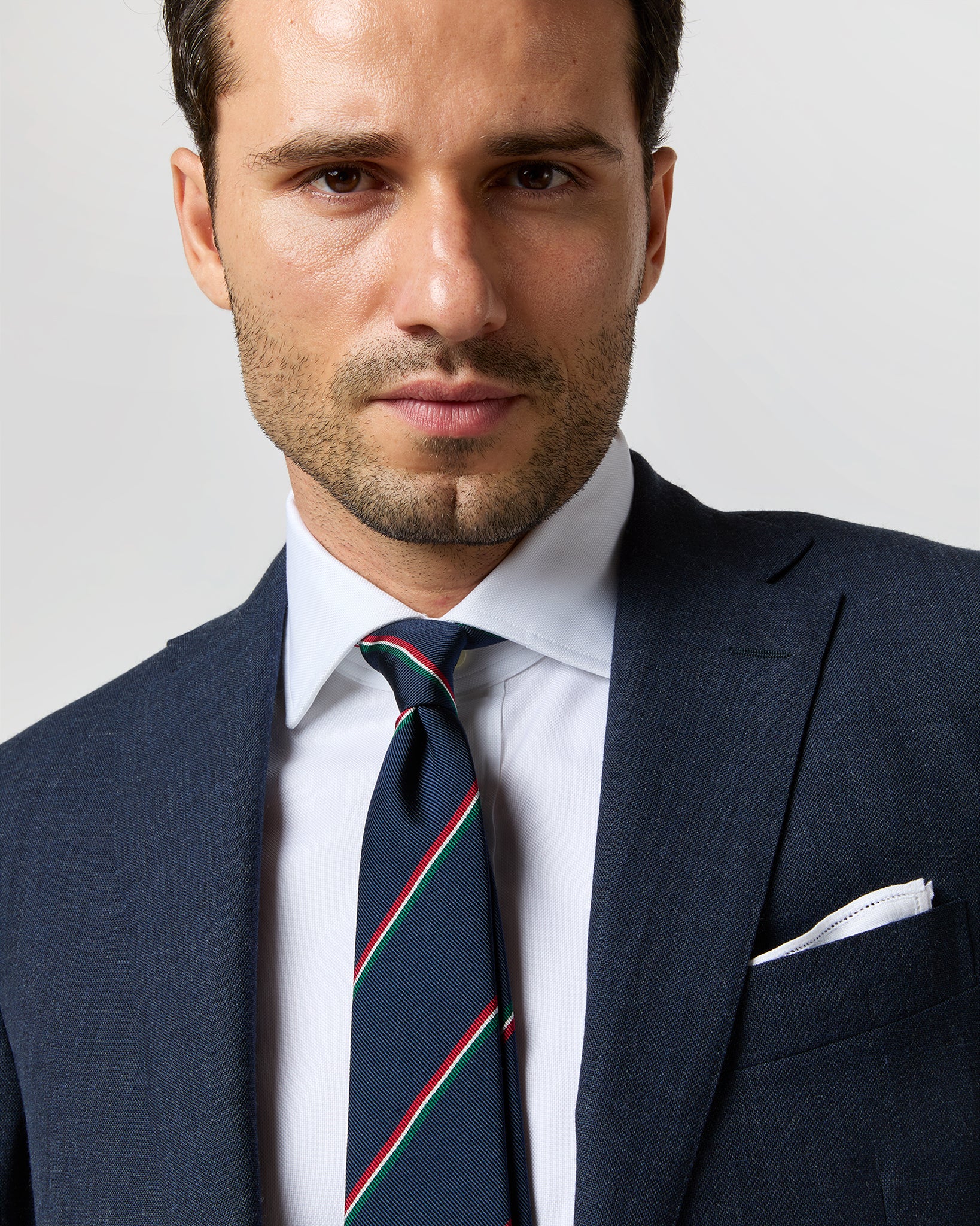 Silk Repp Tie in Navy/Red/White/Green Stripe