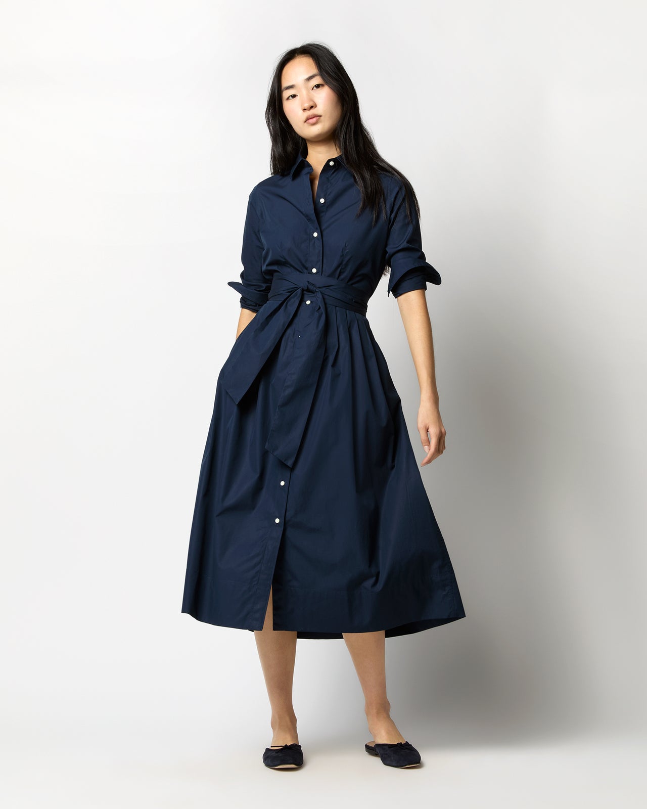 Classic Shirtwaist Dress in Navy Poplin