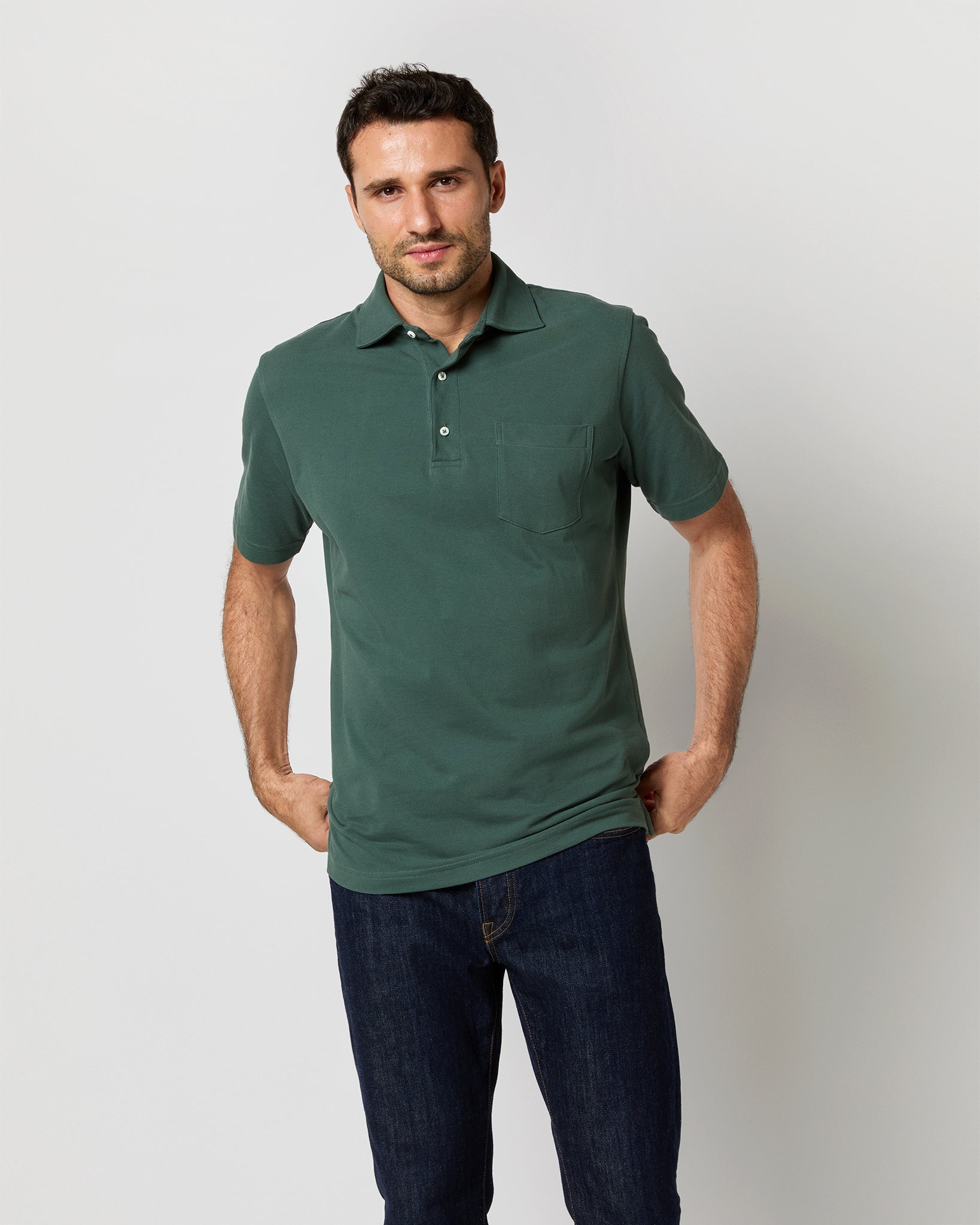 Short-Sleeved Polo in Dark Spruce Pima Pique