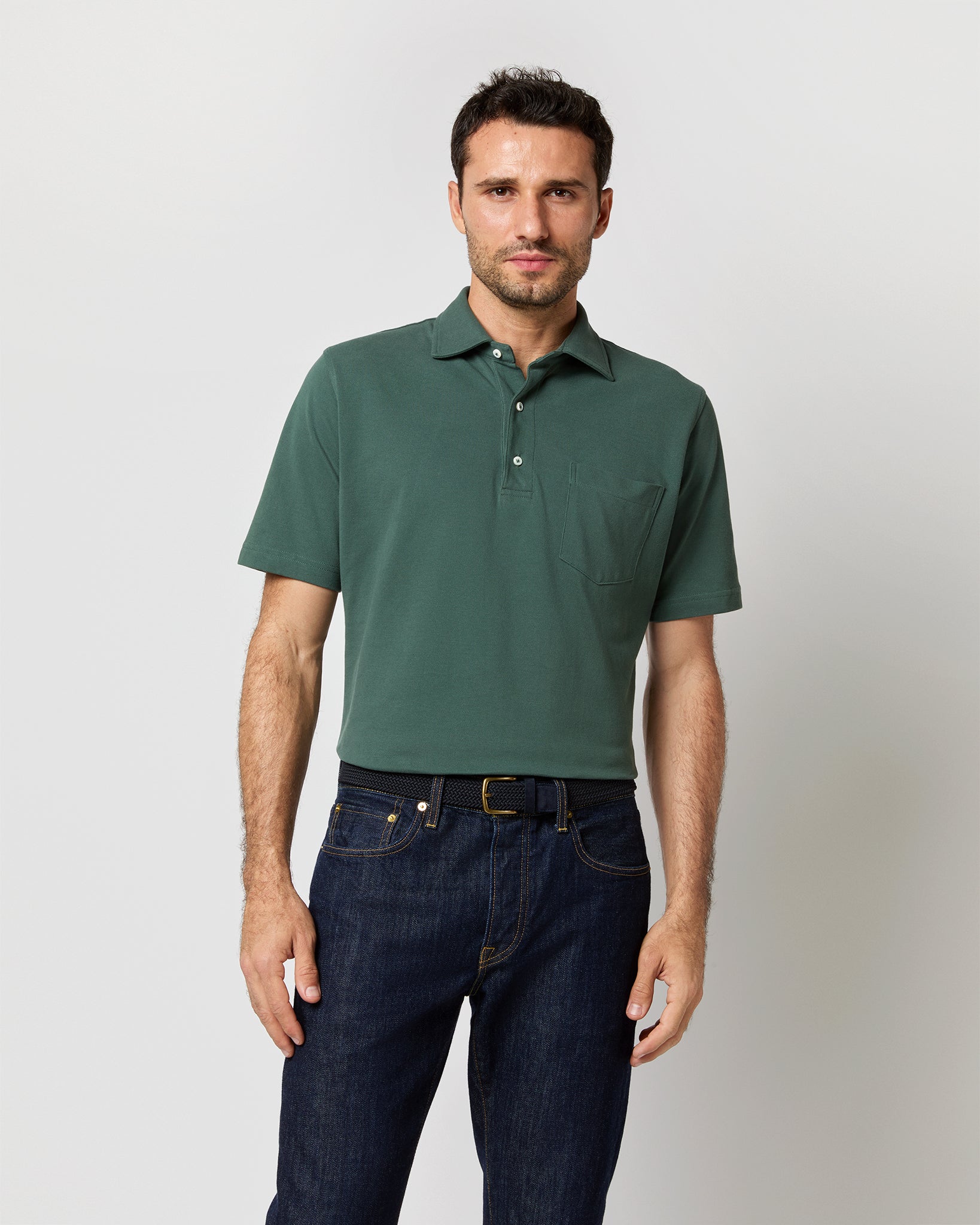 Short-Sleeved Polo in Dark Spruce Pima Pique