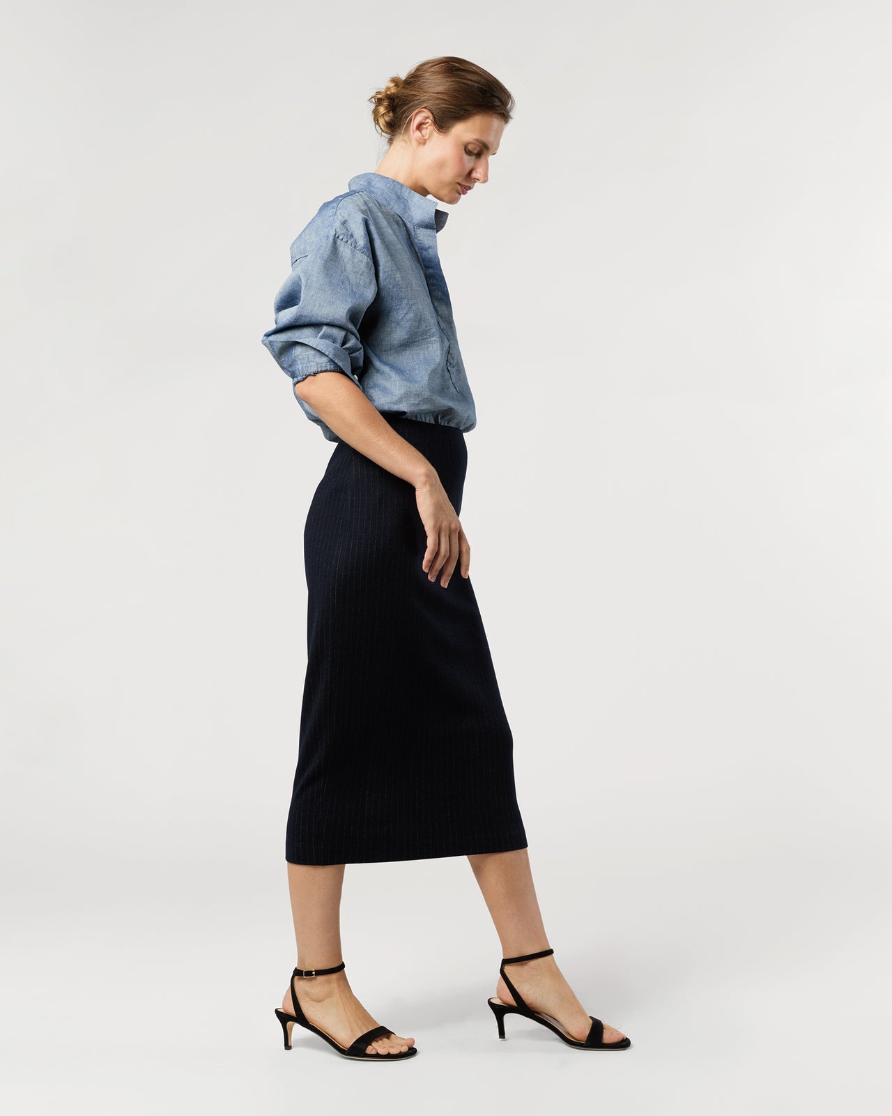 Pull-On Skirt in Navy Pinstripe Knit
