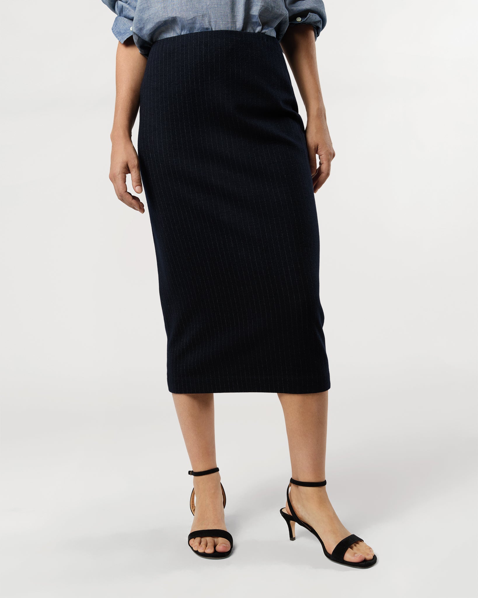 Pull-On Skirt in Navy Pinstripe Knit
