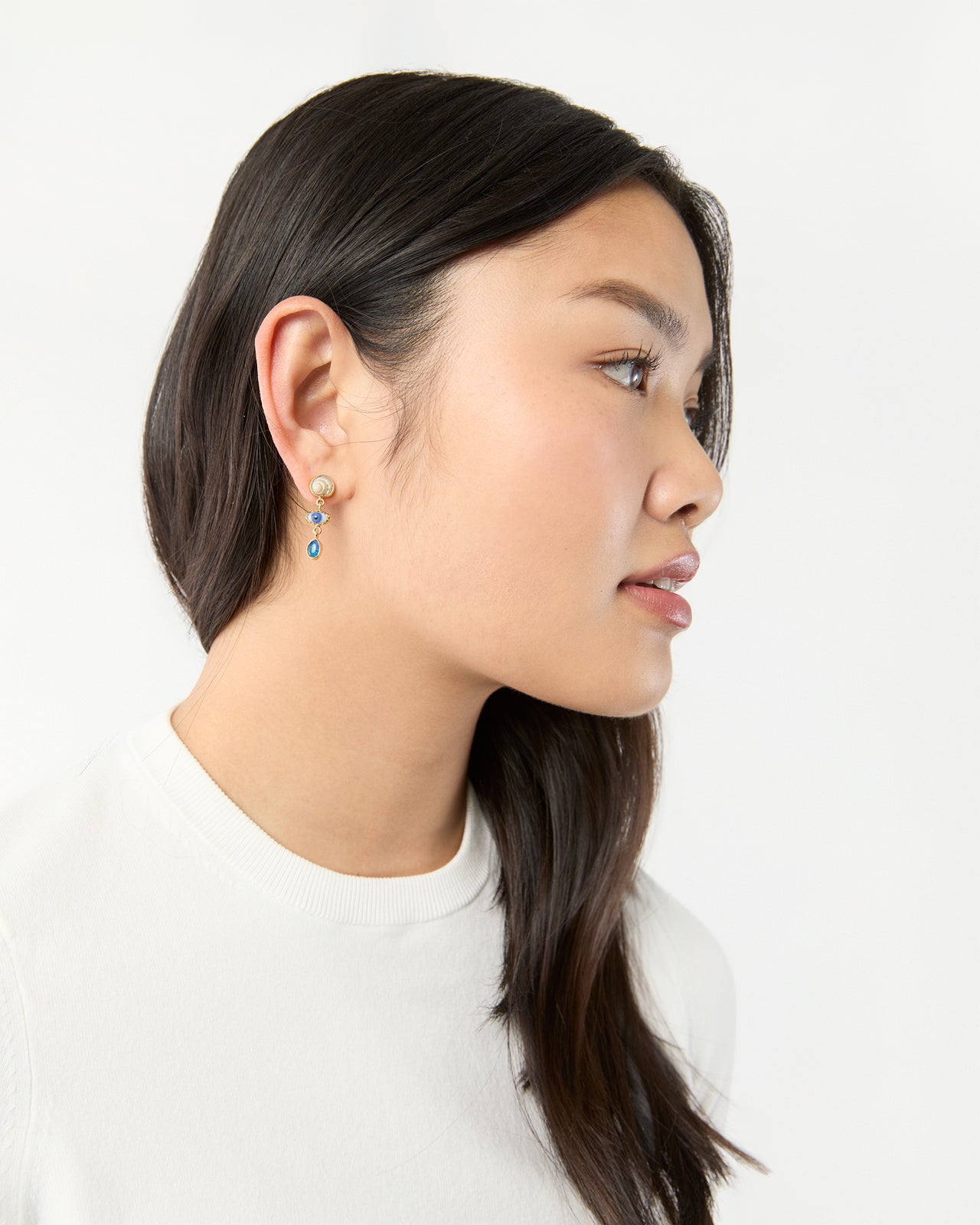 Three Charm Moving Drop Earrings in Blue