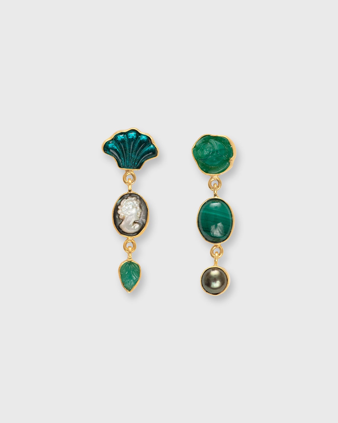 Three Charm Moving Drop Earrings in Green