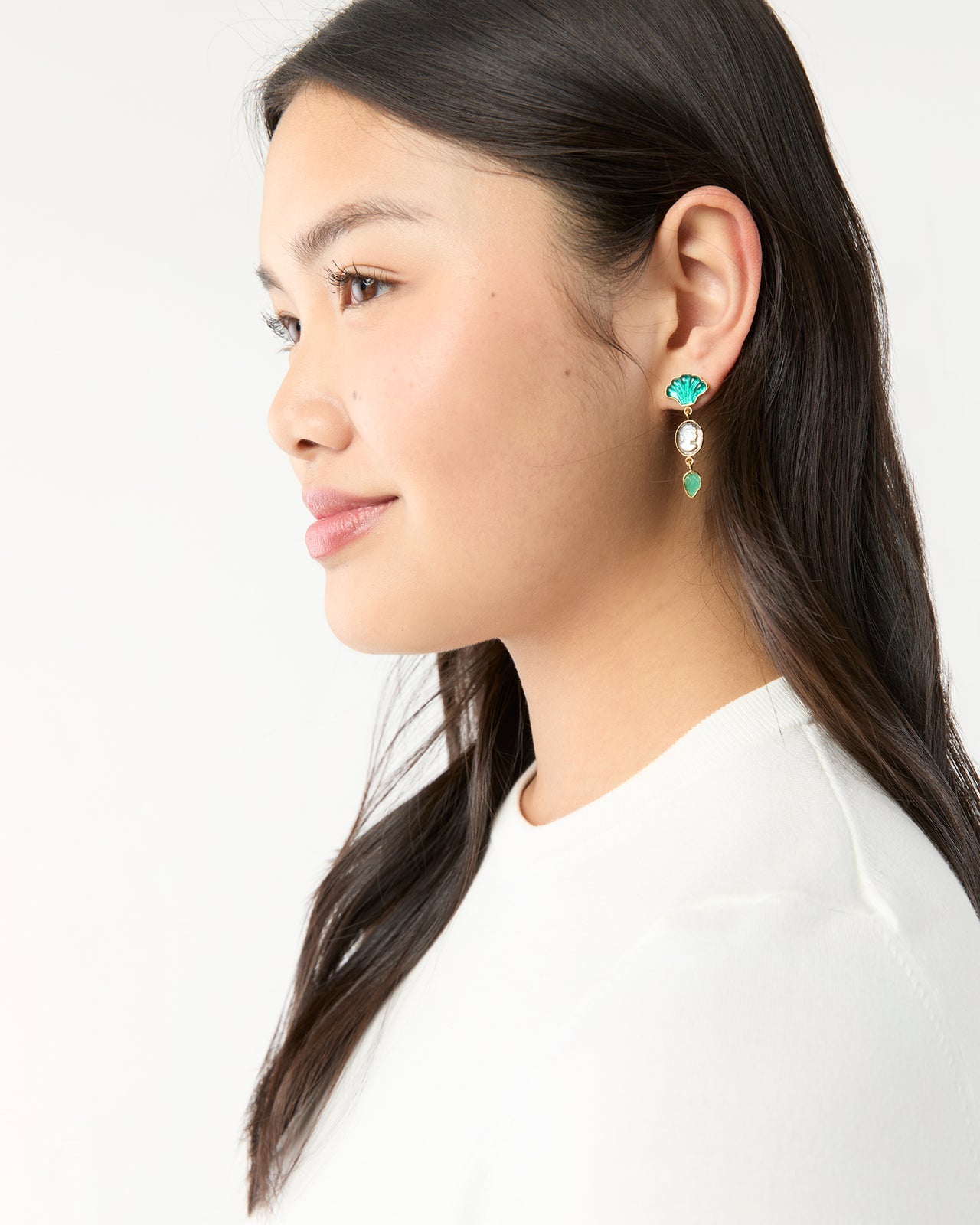 Three Charm Moving Drop Earrings in Green