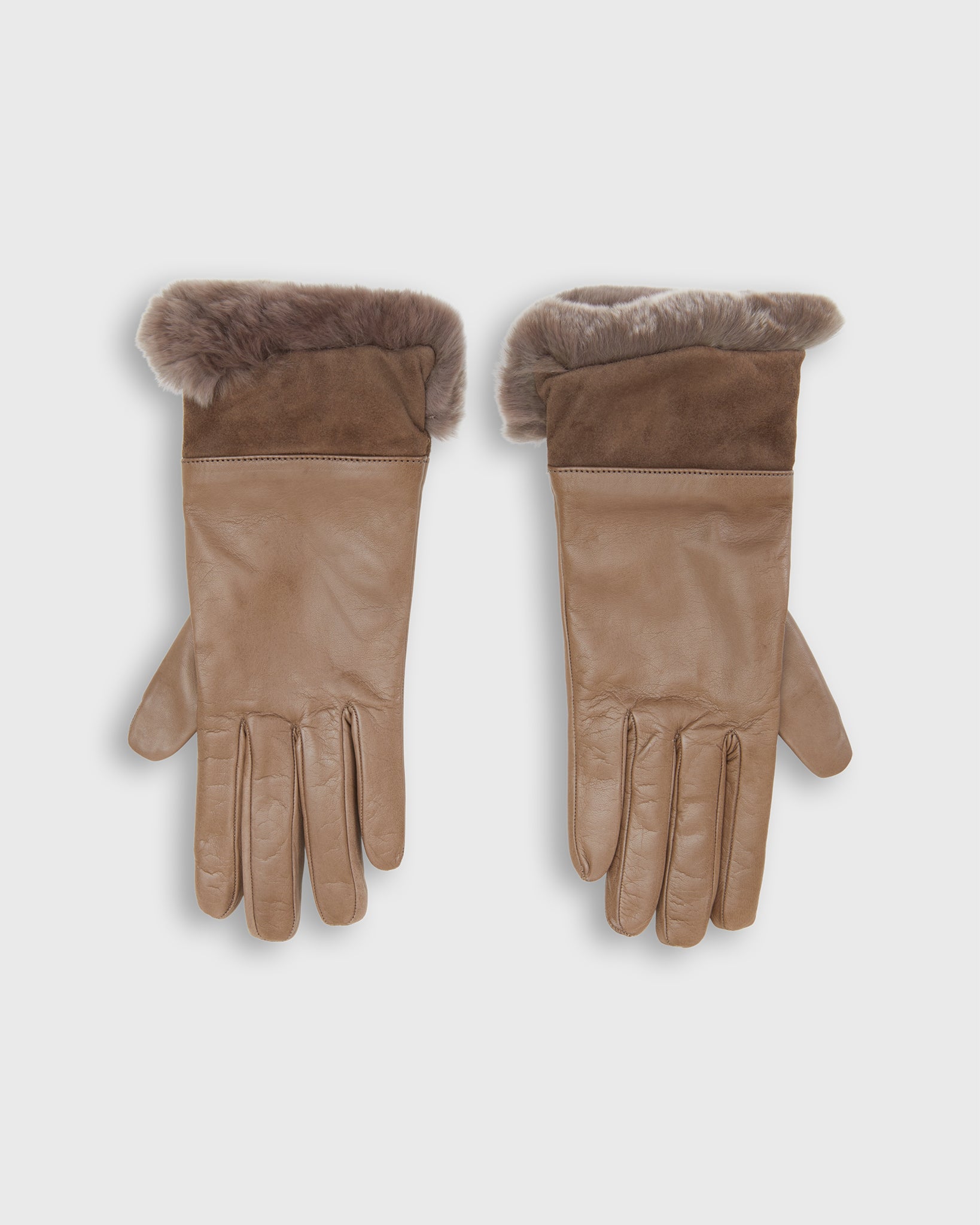 Rabbit Fur-Lined Gloves in Dark Taupe Leather