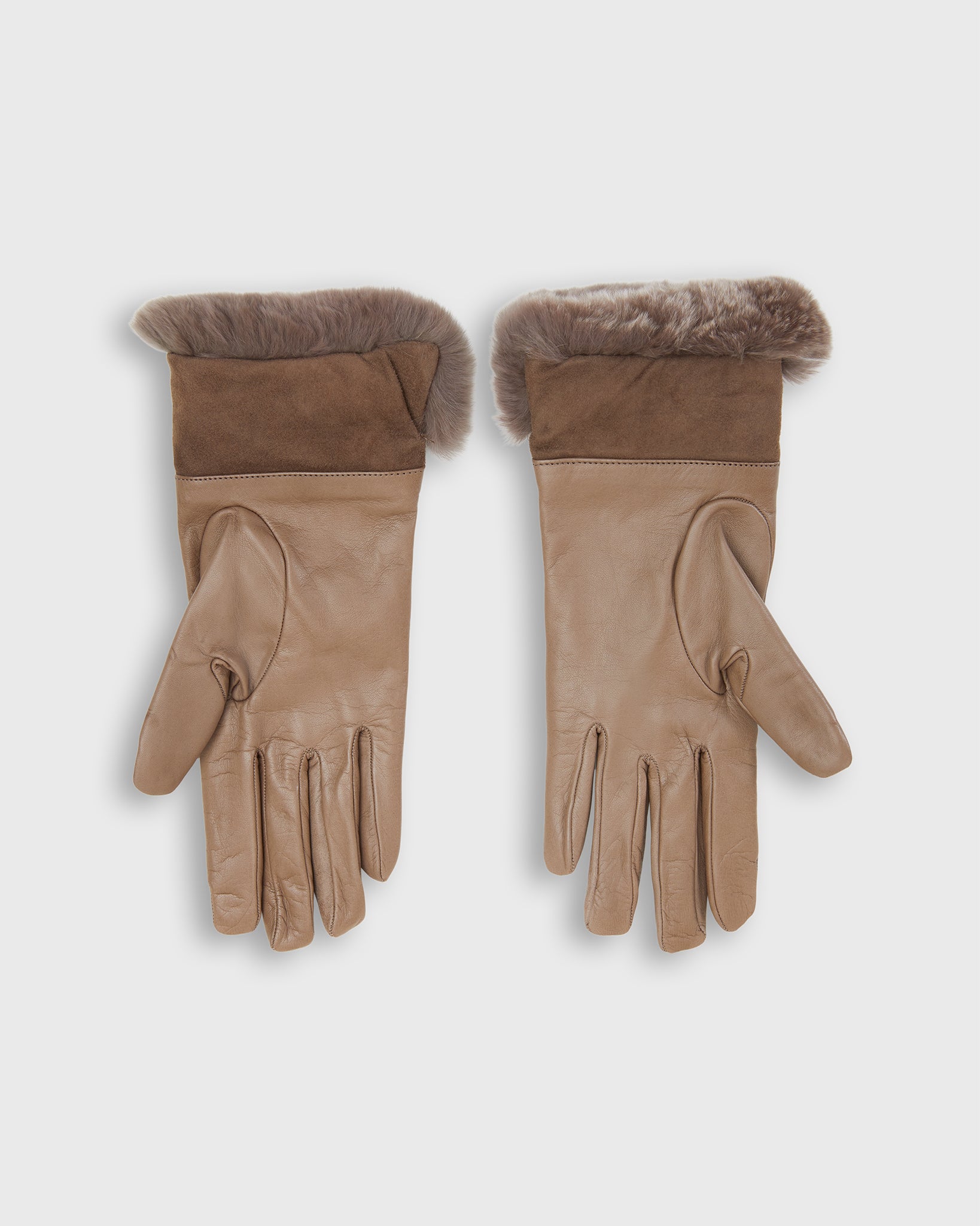 Rabbit Fur-Lined Gloves in Dark Taupe Leather