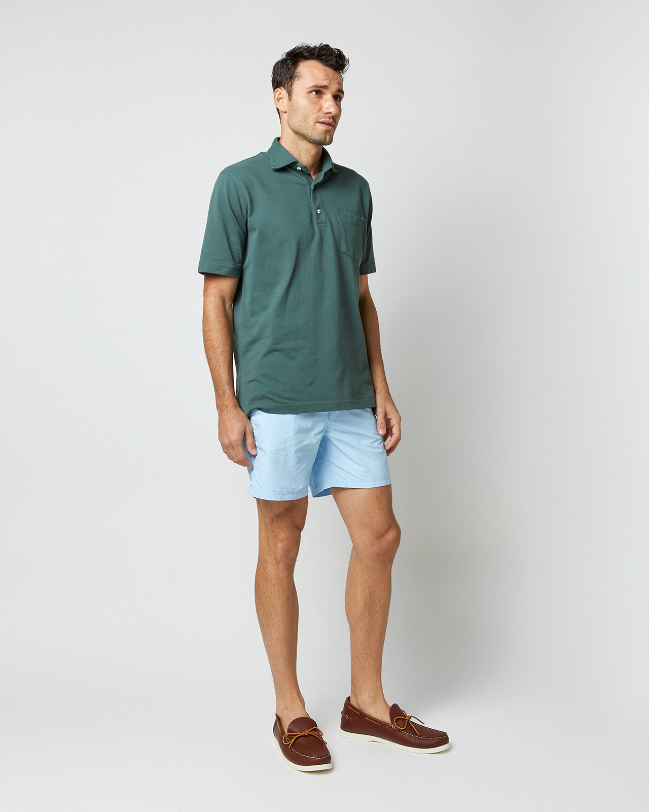 Zip-Front Mid-Length Swim Short in Sky Nylon