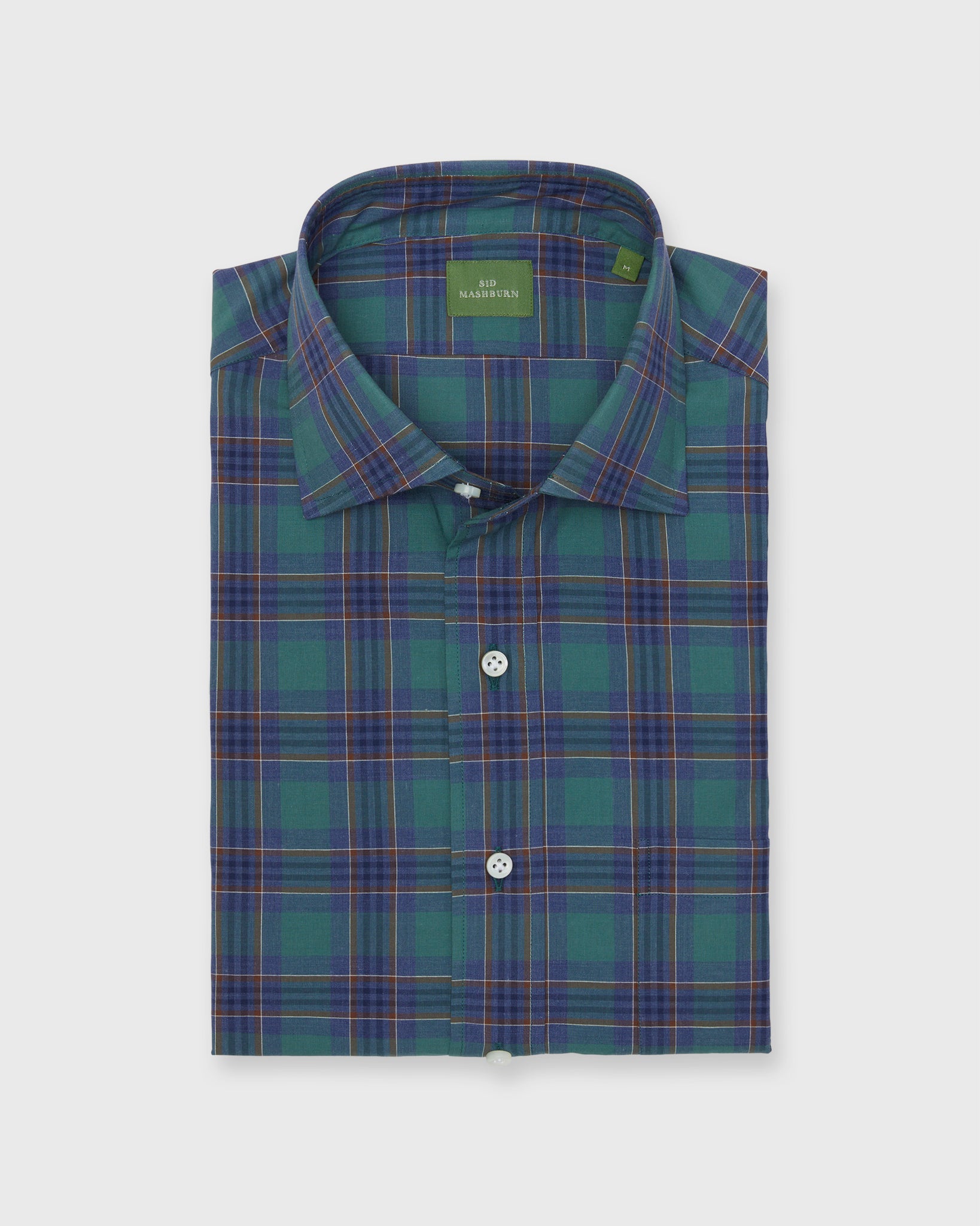 Spread Collar Sport Shirt in Green/Blue/Brown Plaid Poplin