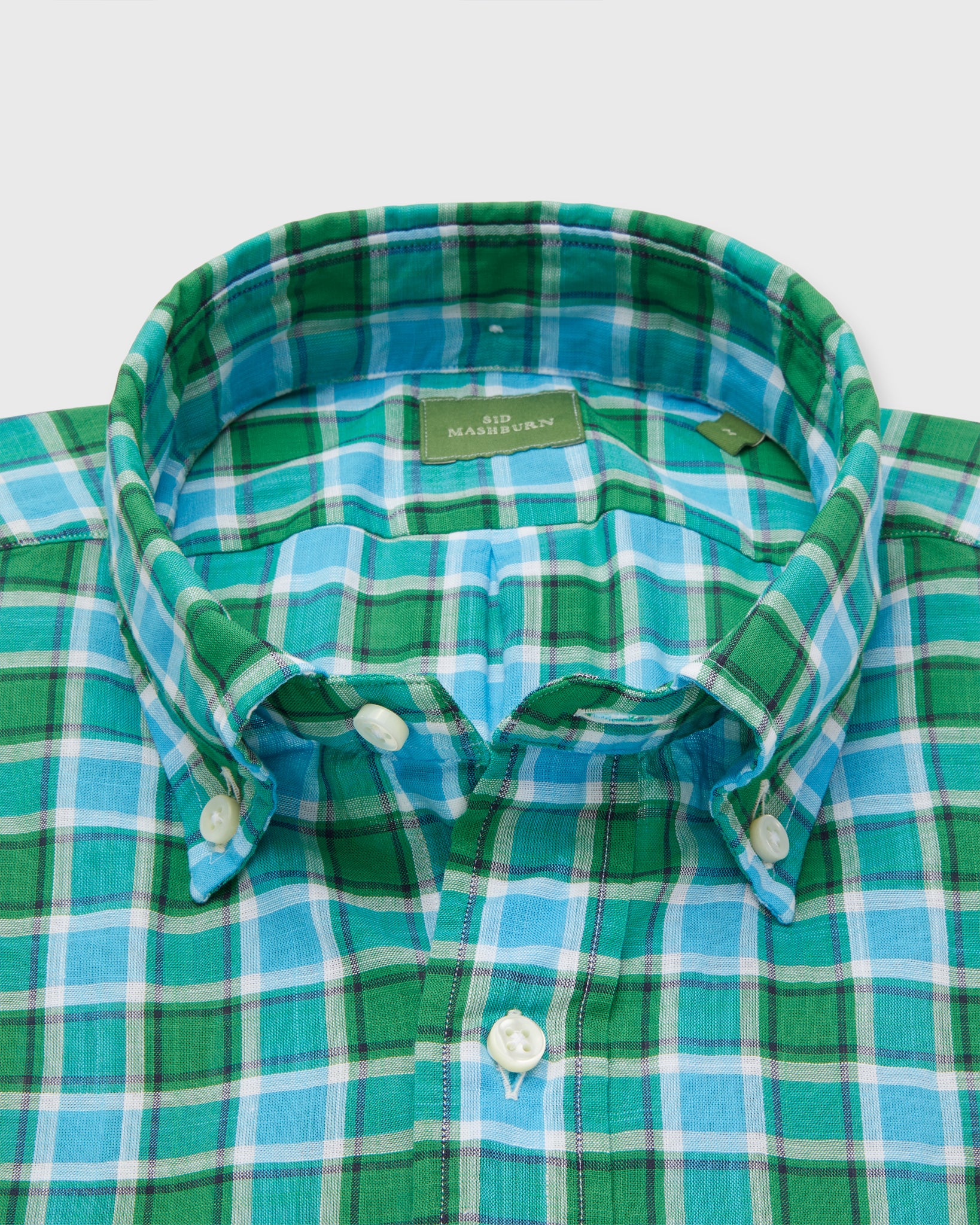 Button-Down Sport Shirt in Aqua/Grass Plaid Chambray