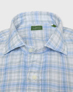 Load image into Gallery viewer, Spread Collar Sport Shirt in Periwinkle/Blue/Stone Plaid Linen
