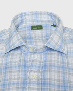 Spread Collar Sport Shirt in Periwinkle/Blue/Stone Plaid Linen