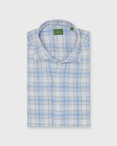 Spread Collar Sport Shirt in Periwinkle/Blue/Stone Plaid Linen