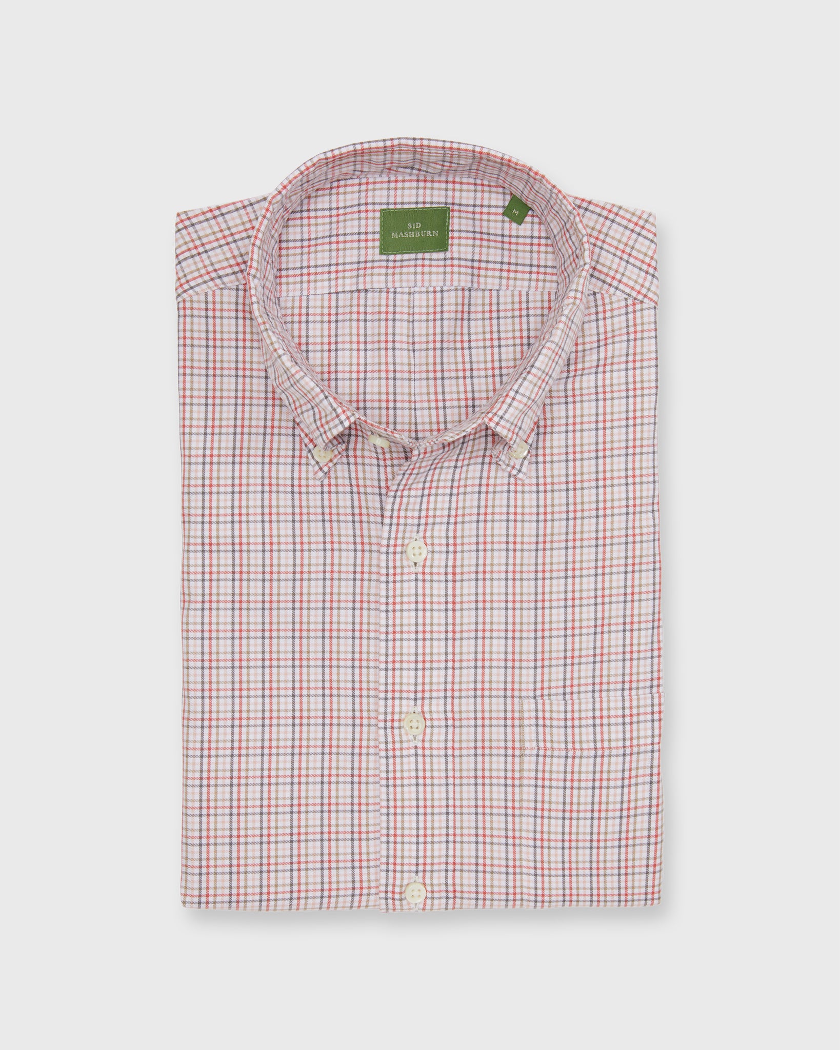Button-Down Sport Shirt in Bone/Coral/Olive Tattersall Twill
