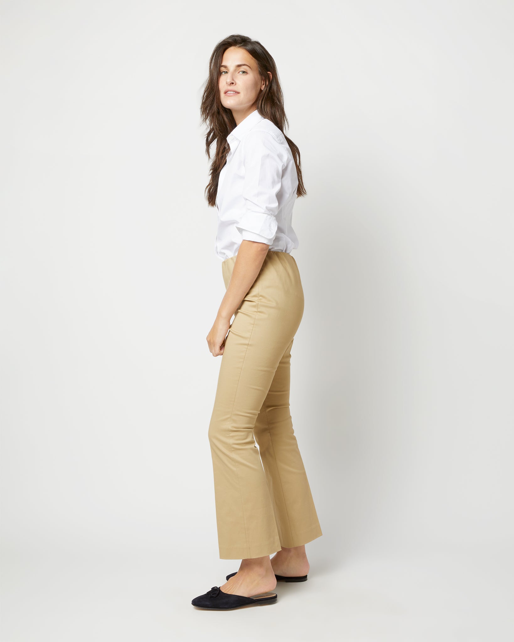 Faye Flare Cropped Pant in Khaki Stretch Sateen | Shop Ann Mashburn