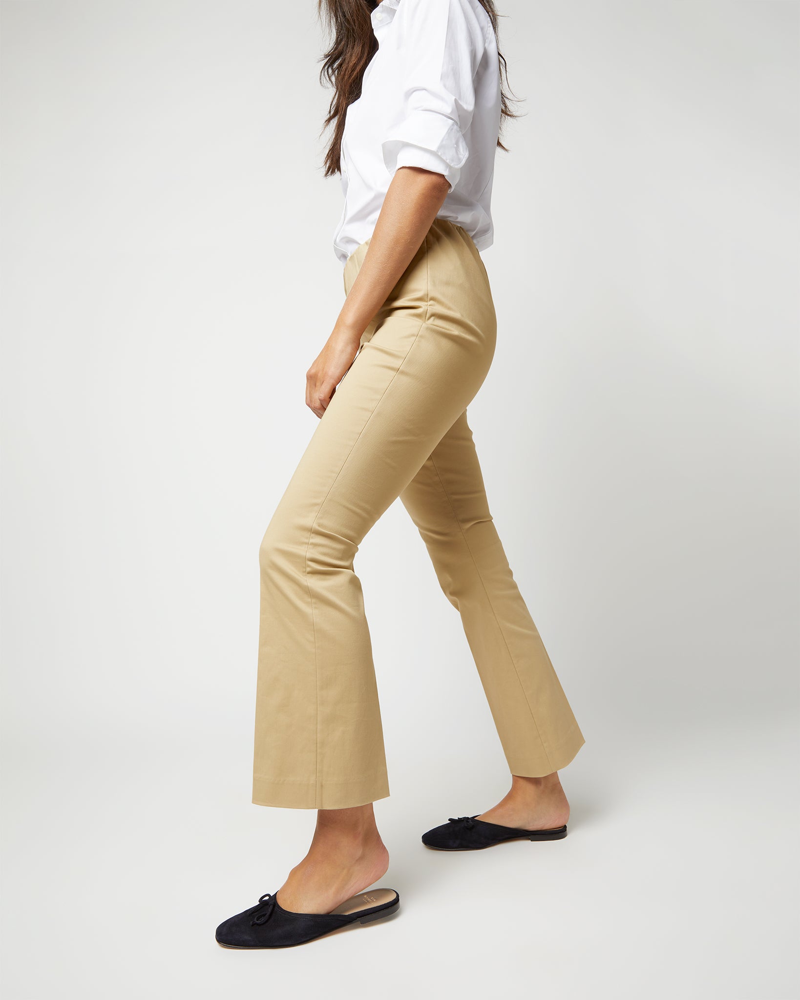 Faye Flare Cropped Pant in Khaki Stretch Sateen