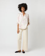 Load image into Gallery viewer, Button-Front Kamille Blouse in Khaki/Pink Butterflies Silk Twill
