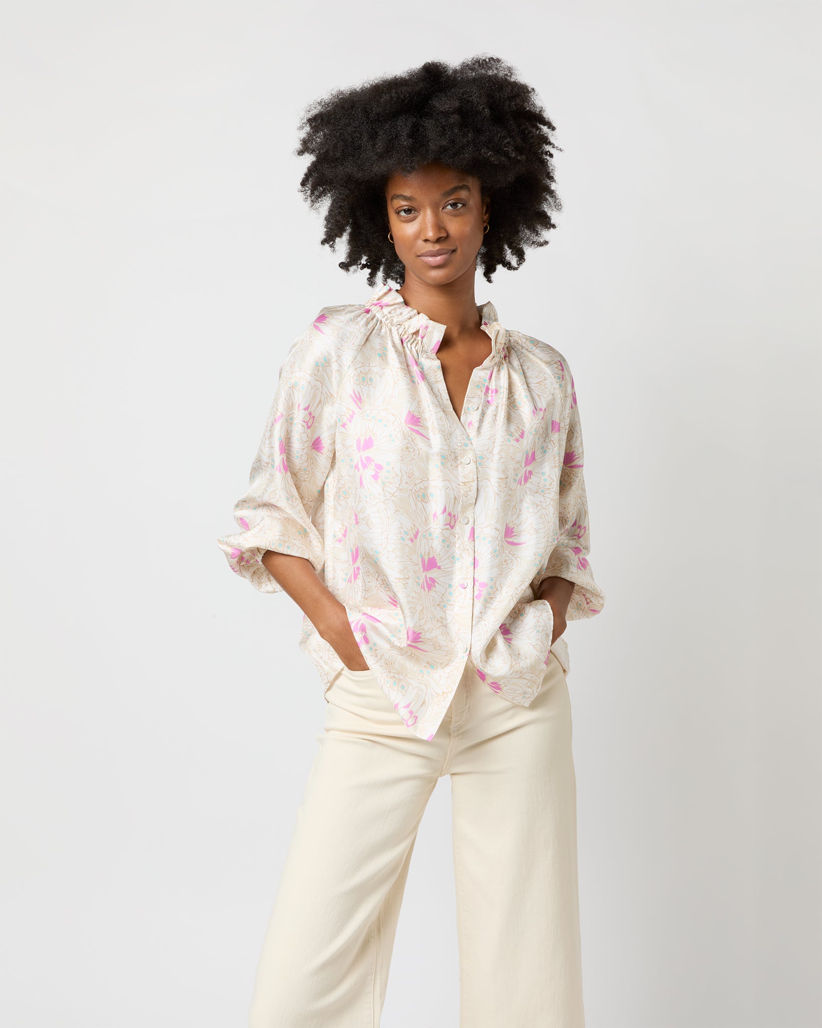 Button-Front Kamille Blouse in Khaki/Pink Butterflies Silk Twill