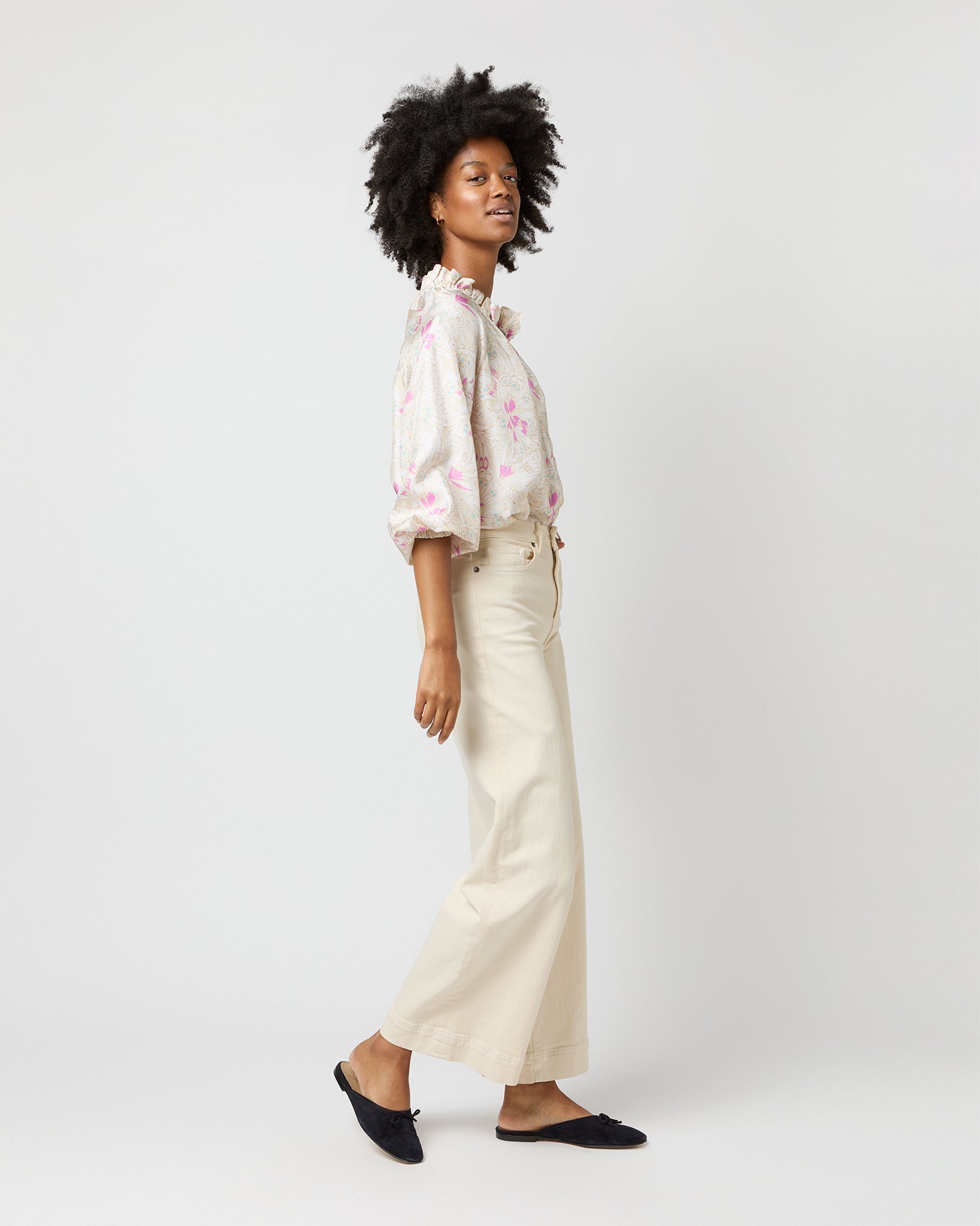 Button-Front Kamille Blouse in Khaki/Pink Butterflies Silk Twill