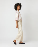 Load image into Gallery viewer, Button-Front Kamille Blouse in Khaki/Pink Butterflies Silk Twill
